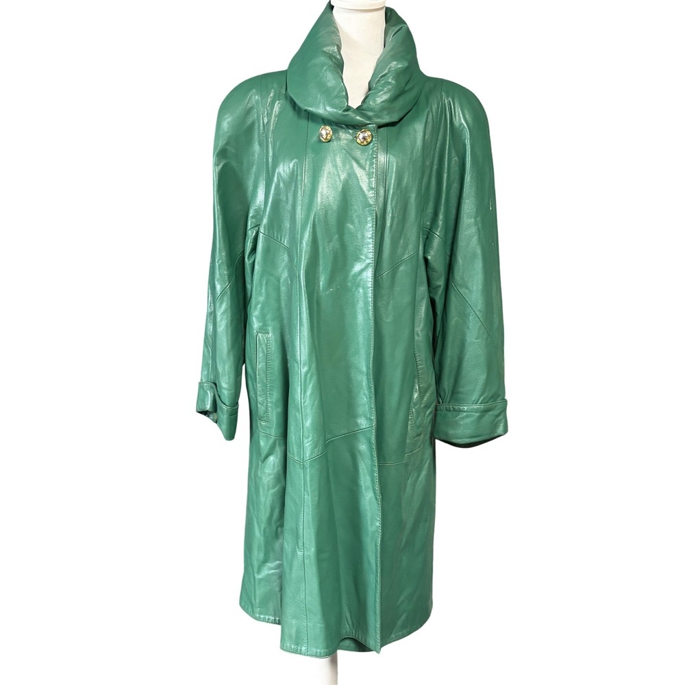 Vintage Image Leather Coat Womens Small Green Funnel Collar Overcoat Button